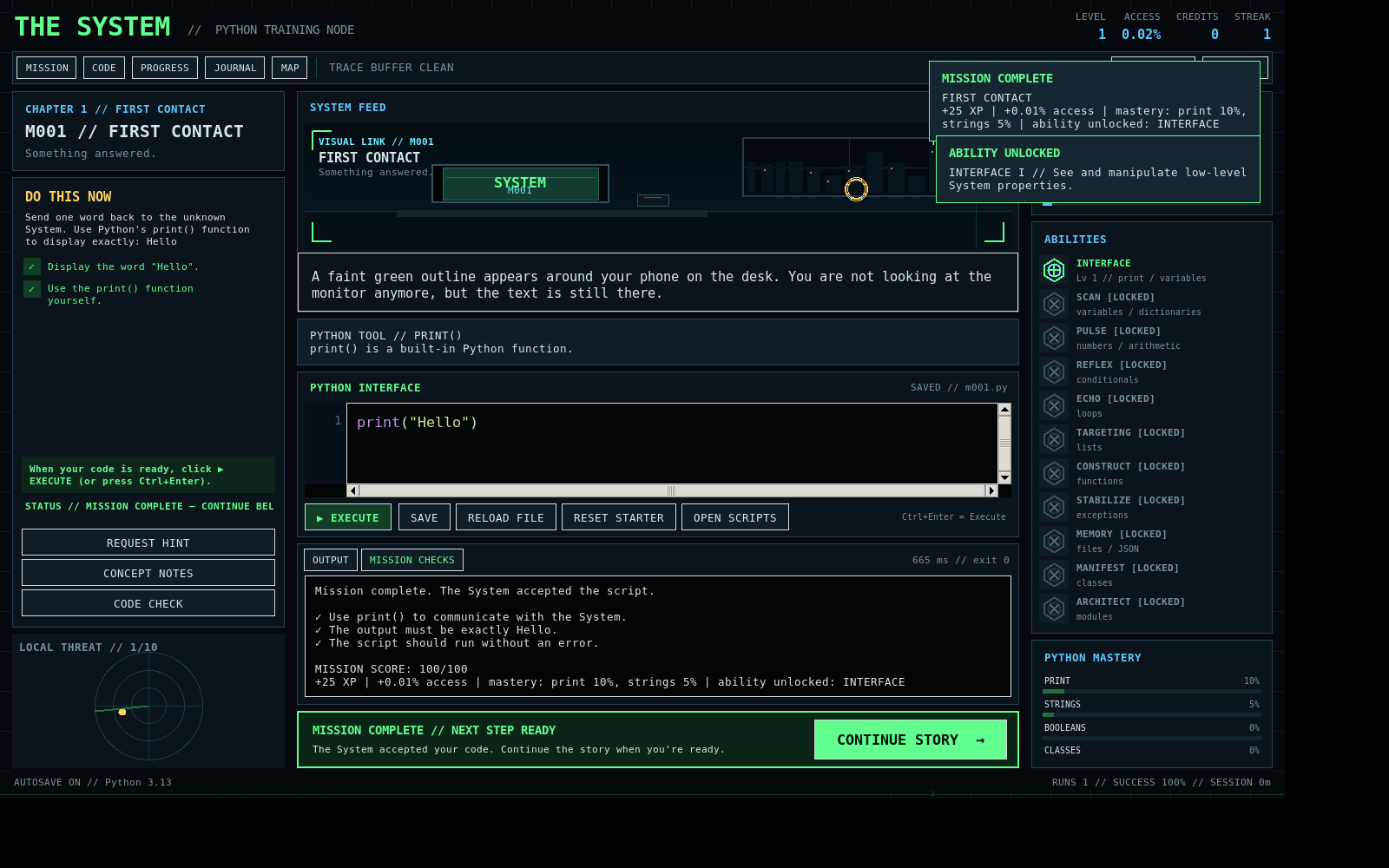 THE SYSTEM game interface showing a completed Python mission and the Continue Story button